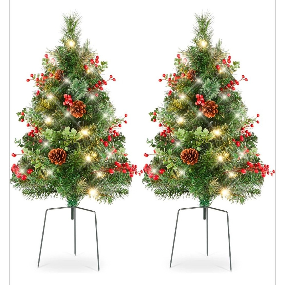 2 Piece Pre-Lit Christmas Tree Outdoors 24.5" Pathway Lawn Holiday Décor